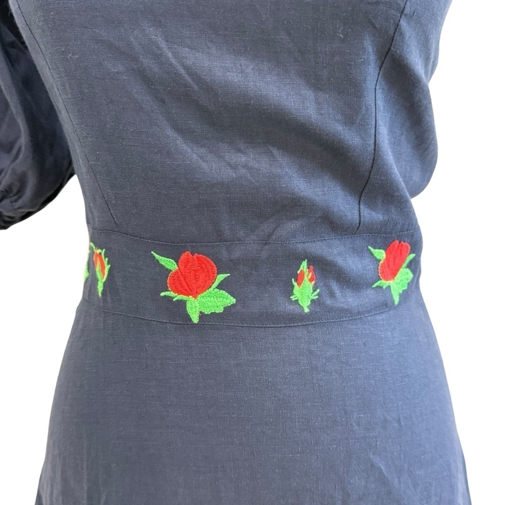 Fanm Mon Navy Flame Linen One Sleeve Ruffle Hem Floral Embroidery Mini Dress NWT - Picture 4 of 15